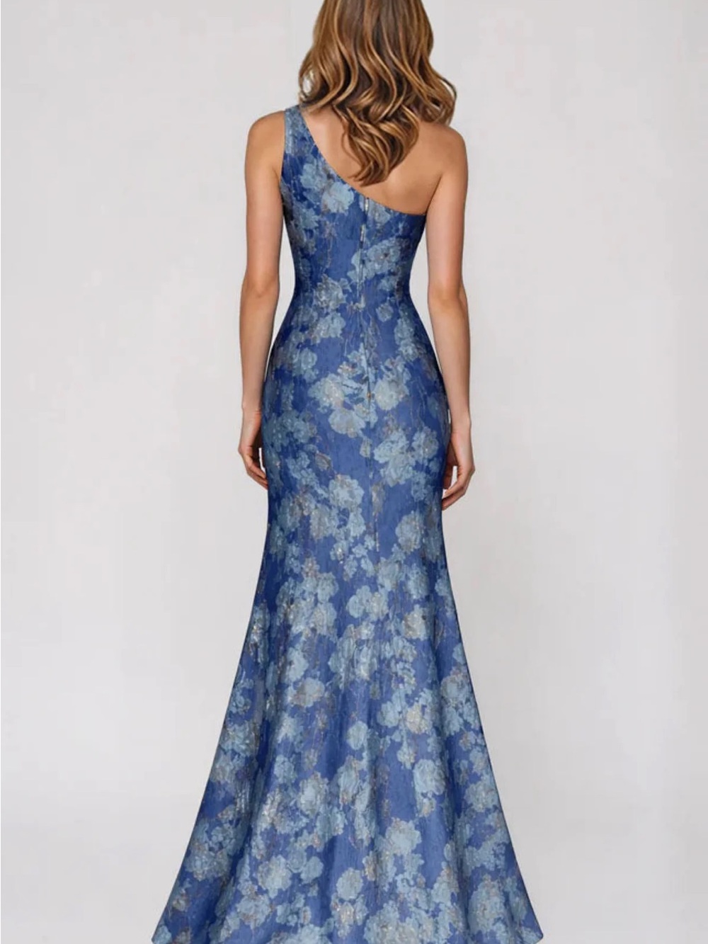 Rene Ruiz Collection Designer One-Shoulder Blue Floral Jacquard Gown Size 8 - Picture 2 of 6